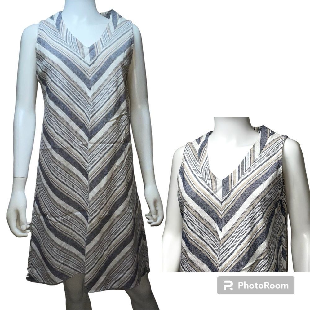For Cynthia Linen Blend Chevron Stripe Beachy Knee Length Dress Woman's Size L